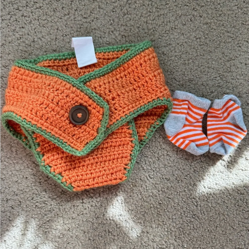 Orange Pumpkin Knit Diaper Cover and Socks Set